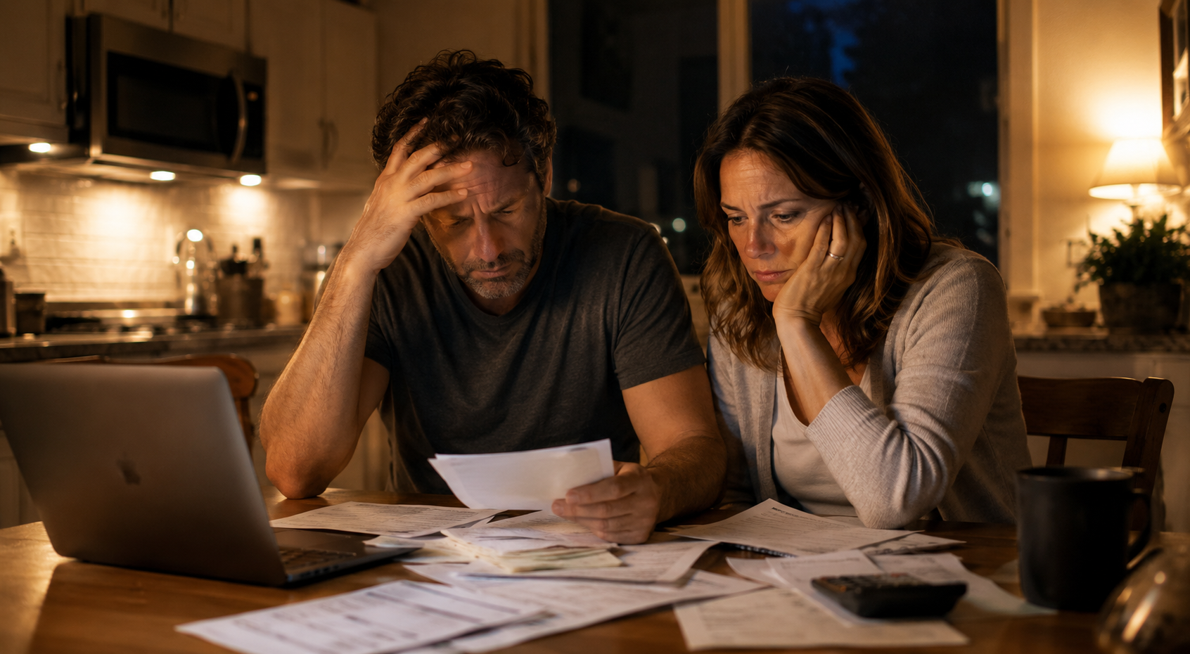 Couple overwhelmed reviewing finances at night