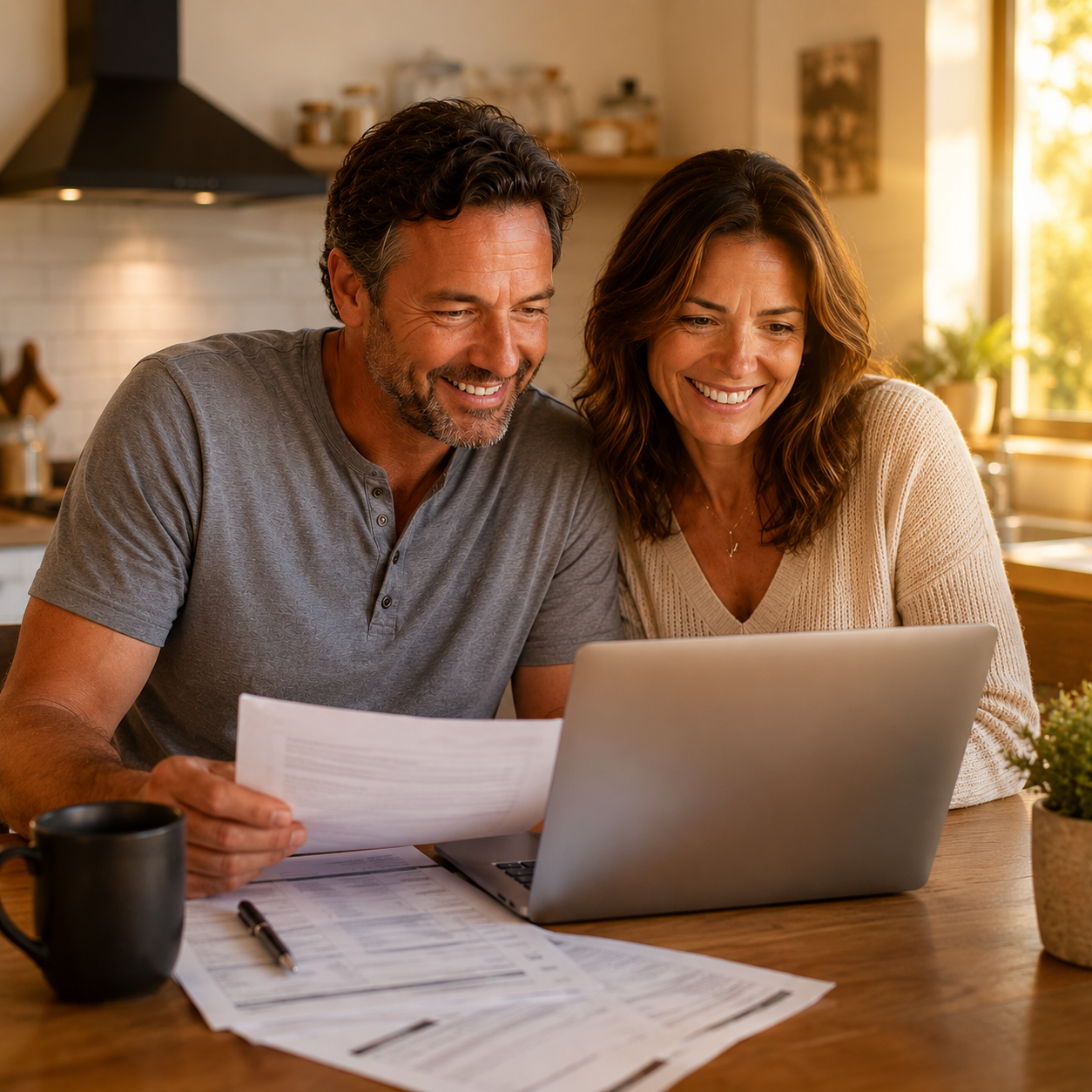Couple smiling reviewing finances together